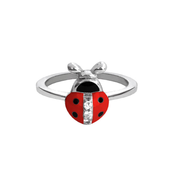 S70-166 Stříbrný prsten červená Beruška vykládaná zirkony